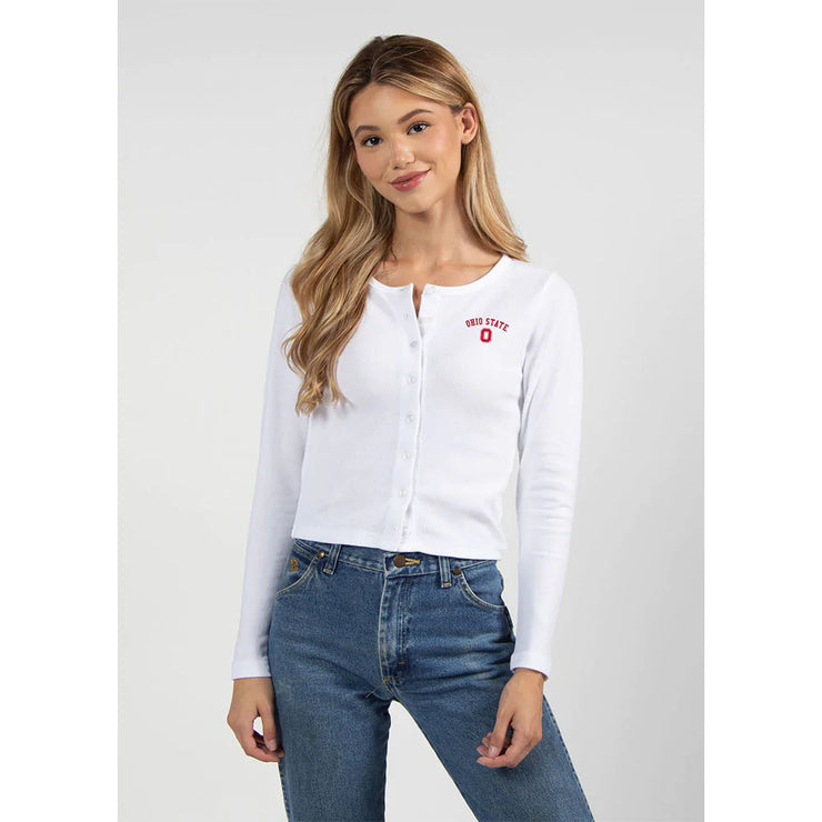 Ladies Ohio State Buckeyes Arch Over Button Down Cardigan